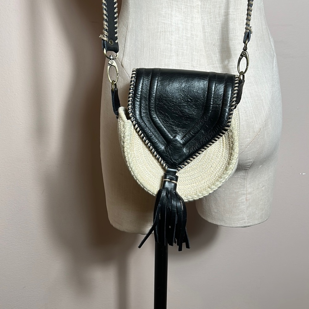 Small leather and cotton crossbody hobo bag with fringe